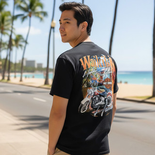 Rear view of Harley-Davidson Men's Tiki Waikiki T-Shirt in White displaying carved tiki back graphic