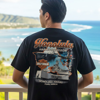 Rear view of Harley-Davidson Men's Pearl Harbor Collage T-Shirt in Black displaying Oahu island military landmark back graphic
