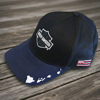 Harley-Davidson Big Island Way Cap in Black and Navy Blue featuring custom Big Island H-D Kona Hawaii front graphic and island chain brim detail