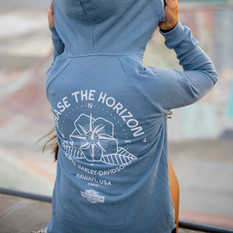 Exclusive Pacific Harley-Davidson Hawaii Hoodie. Harley-Davidson Women's Chase the Horizon Hoodie Light Blue. WHF19411