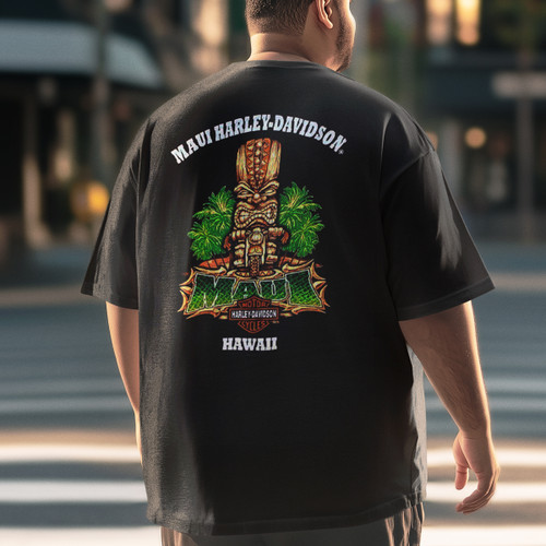 Rear view of Harley-Davidson Men's Maui Tiki Guy T-Shirt in Black displaying large tiki and Hawaii graphic