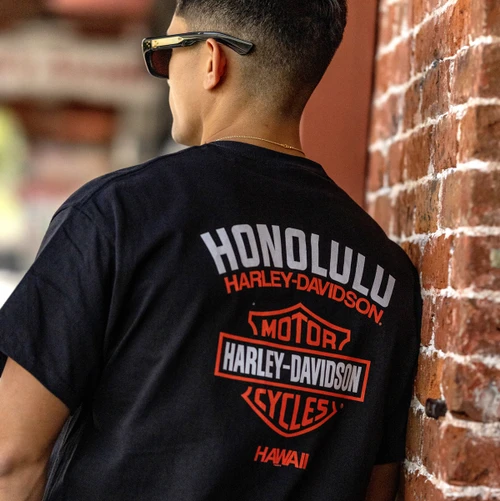 Rear view of Harley-Davidson Men's HD Original Short Sleeve T-Shirt in Black displaying classic Bar and Shield back graphic