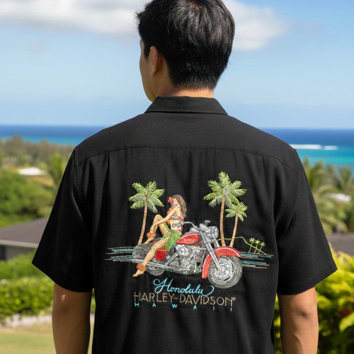 Exclusive Pacific Harley-Davidson Hawaii button-down shirt. Harley-Davidson Men's Honey Aloha Shirt Black.