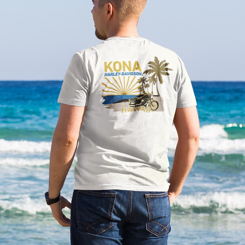 Rear view of Harley-Davidson Men's Kona Beach T-Shirt in White displaying beach motorcycle sunset back graphic