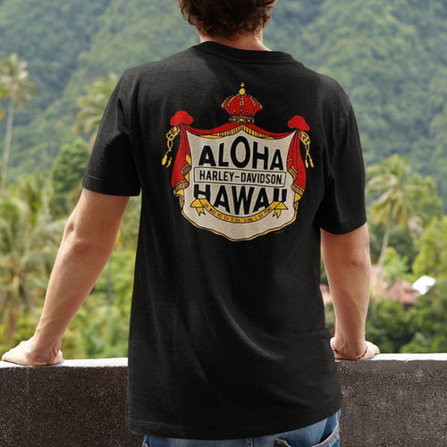 Rear view of Harley-Davidson Men's Coat of Arms T-Shirt in Black displaying royal crown coat of arms back graphic