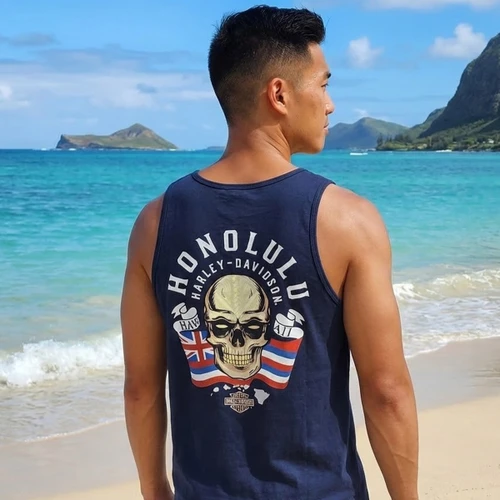 Harley-Davidson Men's Torches 2.0 Navy Tank Top showing skull and Hawaiian flag graphic
