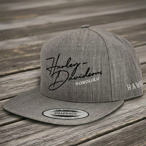 Side view of Harley-Davidson Signature Cap in Heather Grey showing Hawaii side panel embroidery