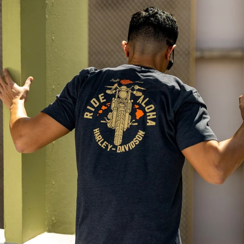 Rear view of Harley-Davidson Men's Ride HI T-Shirt in Charcoal displaying Ride Aloha motorcycle and Hawaiian islands back graphic