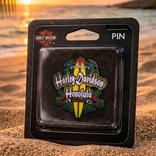 Cycle City Harley-Davidson Hibiscus Surf Pin showing front enamel design