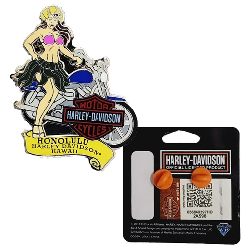Honolulu Harley-Davidson Hula Girl with Motorcycle Pin showing front enamel design