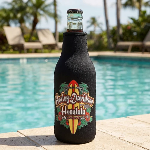 Cycle City Harley-Davidson Hibiscus Surf Bottle Hugger front view featuring tropical surf and hibiscus artwork