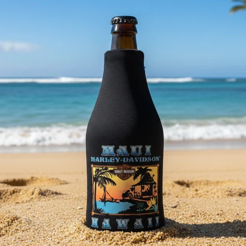 Maui Harley-Davidson Sunset Bottle Hugger front view featuring tropical island sunset artwork