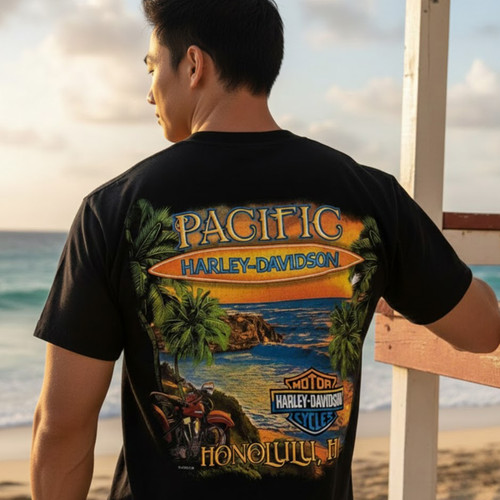 Rear view of Harley-Davidson Men's Waimea Bay T-Shirt in Black displaying Waimea Bay surfboard and ocean back graphic