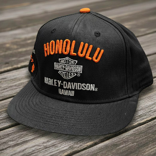 Harley-Davidson Hawaii '59 Aloha State Flat Brim Cap in Black featuring custom Honolulu H-D Hawaii front graphic