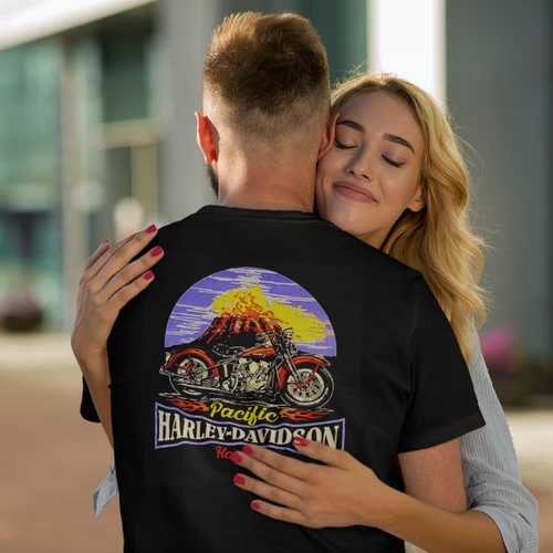 Rear view of Harley-Davidson Men's Volcano Bike T-Shirt in Black displaying erupting volcano and motorcycle back graphic
