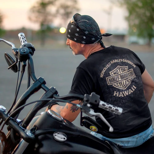 Rear view of Harley-Davidson Men's Tapa Shield T-Shirt in Black displaying Hawaiian tapa pattern and Bar & Shield back graphic