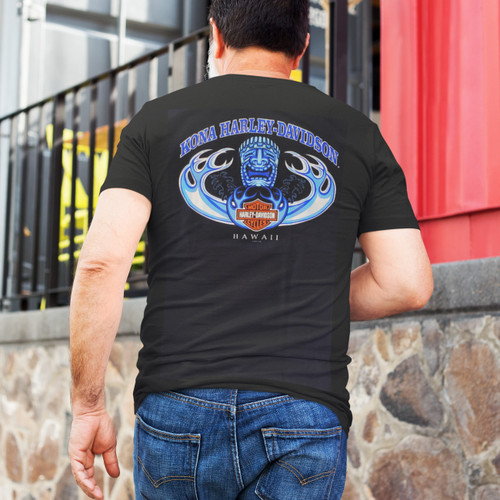Rear view of Harley-Davidson Men's Kona Tiki Wave T-Shirt in Black displaying blue tiki and ocean wave back graphic