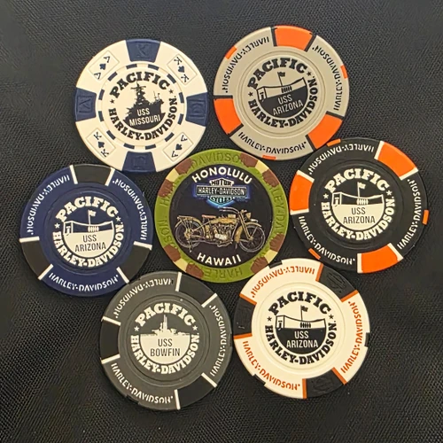 Harley-Davidson Hawaii Collector Poker Chips Set of 7 showing USS Arizona, USS Missouri, USS Bowfin, and Honolulu vintage motorcycle designs