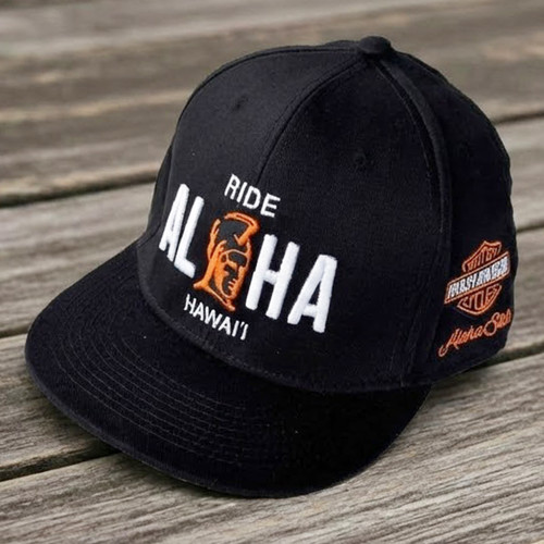 Side view of Harley-Davidson Ride Aloha Flat Cap – Black | Pacific H-D