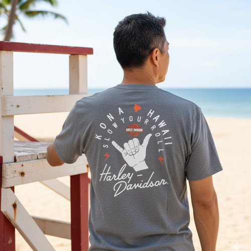 Rear view of Harley-Davidson Men's Kona Slow Your Roll T-Shirt in Heather Grey displaying shaka hand back graphic