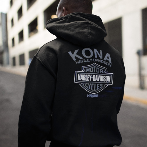 Back view of man wearing black Harley-Davidson Men's Kona HD Original Zip-Up Hoodie with grey logo