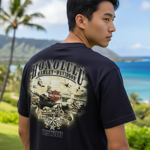 Rear view of Harley-Davidson Men's Armed Forces T-Shirt in Black displaying military aircraft carrier and jet back graphic