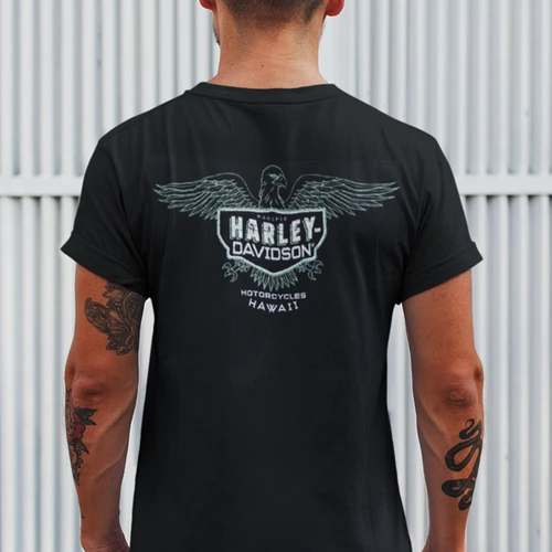Rear view of Harley-Davidson Men's Eagle Emblem T-Shirt in Black displaying eagle shield back graphic