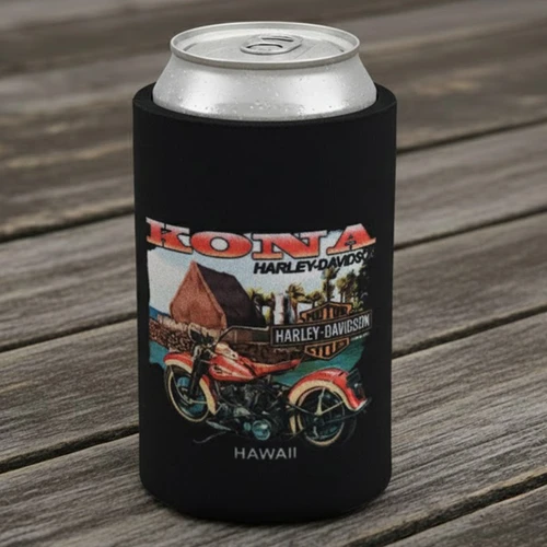 Black Harley-Davidson Kona Kamakahonu Can Cooler front view featuring vintage motorcycle and Hawaiian hut graphic