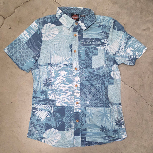 Harley-Davidson Men's Blue Island Patchwork Hawaii Exclusive Button-Up Aloha Shirt – Tailored Fit