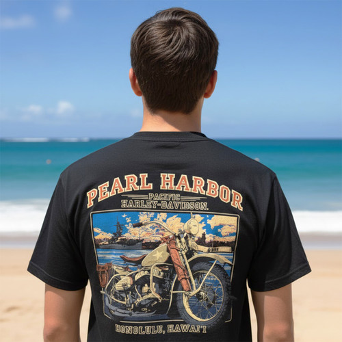 Rear view of Harley-Davidson Men's Vintage Pearl Harbor T-Shirt in Black displaying military motorcycle and sunset back graphic