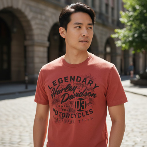 Harley-Davidson Men's Kona Can't Catch This T-Shirt in Rust displaying legendary built for speed front graphic