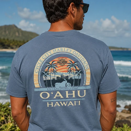 Close-up of tropical sunset motorcycle graphic with Cycle City Harley-Davidson Oahu Hawaii text