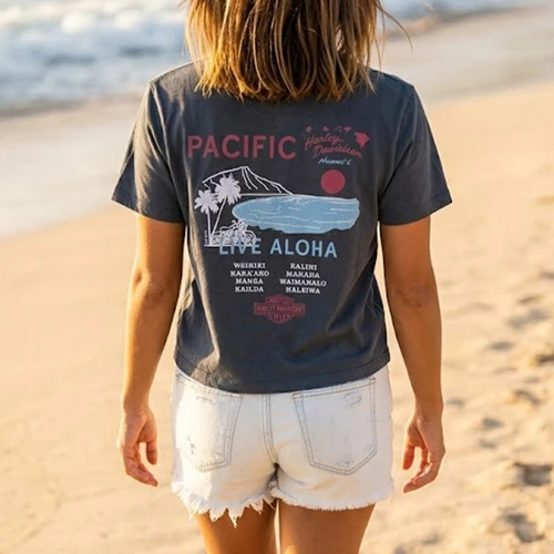 Back view of Harley-Davidson Women's Live Aloha Tour Vintage Tee in Vintage Navy showing Diamond Head tour print