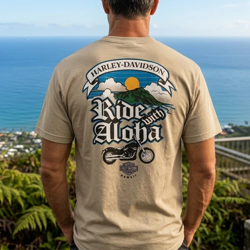 Rear view of Harley-Davidson Men's RWA T-Shirt in Sand displaying Ride With Aloha Diamond Head back graphic