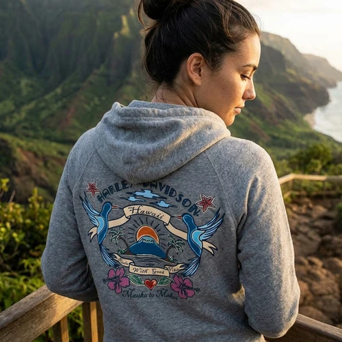 Back view of Nickel Harley-Davidson Women's Little Birdies Zip Up Hooded Jacket showing tropical blue birds and sunrise graphic