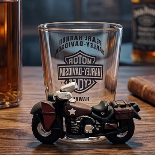 Front view of Harley-Davidson Won the War Short Shot Glass featuring 3D military motorcycle base