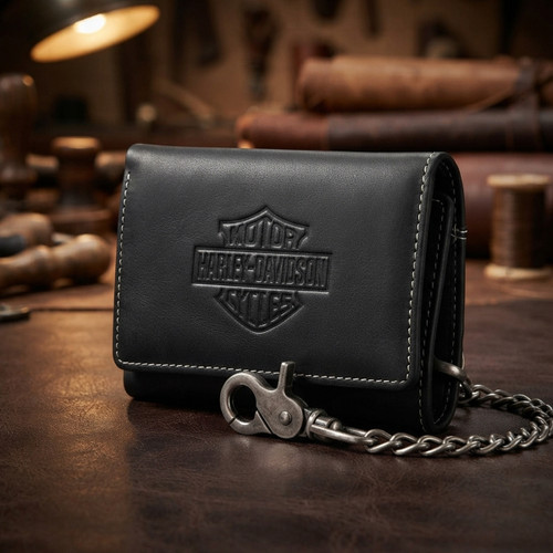 Harley-Davidson Bar & Shield Embossed Trifold Chain Leather Wallet