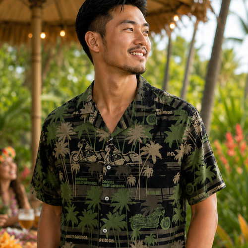 Exclusive Pacific Harley-Davidson Hawaii button-down shirt. Harley-Davidson Men's Ocean Ride Aloha Shirt.