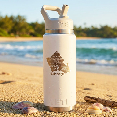 YETI 26 oz Rambler® Bottle – Oahu "Ride Oahu" Map Edition (White, Limited Edition) with Color-Matched Straw Cap