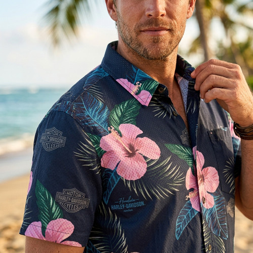 Harley-Davidson Men's Nuuanu Black Wrinkle-Free Hawaii Exclusive Button-Up Aloha Shirt