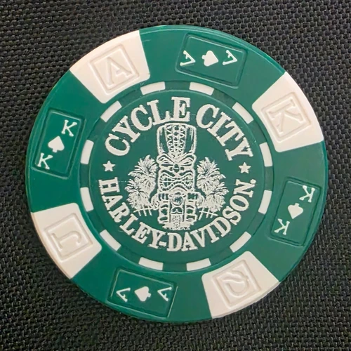 Harley-Davidson Tiki Guy Collectible Poker Chip in Green and White showing Cycle City Harley-Davidson tiki graphic
