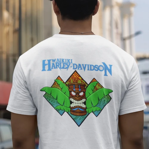 Rear view of Harley-Davidson Men's Tiki Waikiki T-Shirt in White displaying carved tiki back graphic