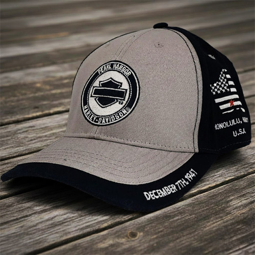 Harley-Davidson Pearl Harbor Stalwart Cap in Grey and Navy featuring circular Pearl Harbor Harley-Davidson patch, December 7th 1941 brim detail, and side flag graphic.
