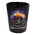 Front view of Harley-Davidson Volcano Bike Short Shot Glass in black ceramic featuring erupting volcano graphic