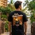 Rear view of Harley-Davidson Men's Leahi T-Shirt in Black displaying tropical bamboo sunset motorcycle back graphic
