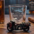Front view of Harley-Davidson Won the War Short Shot Glass featuring 3D military motorcycle base
