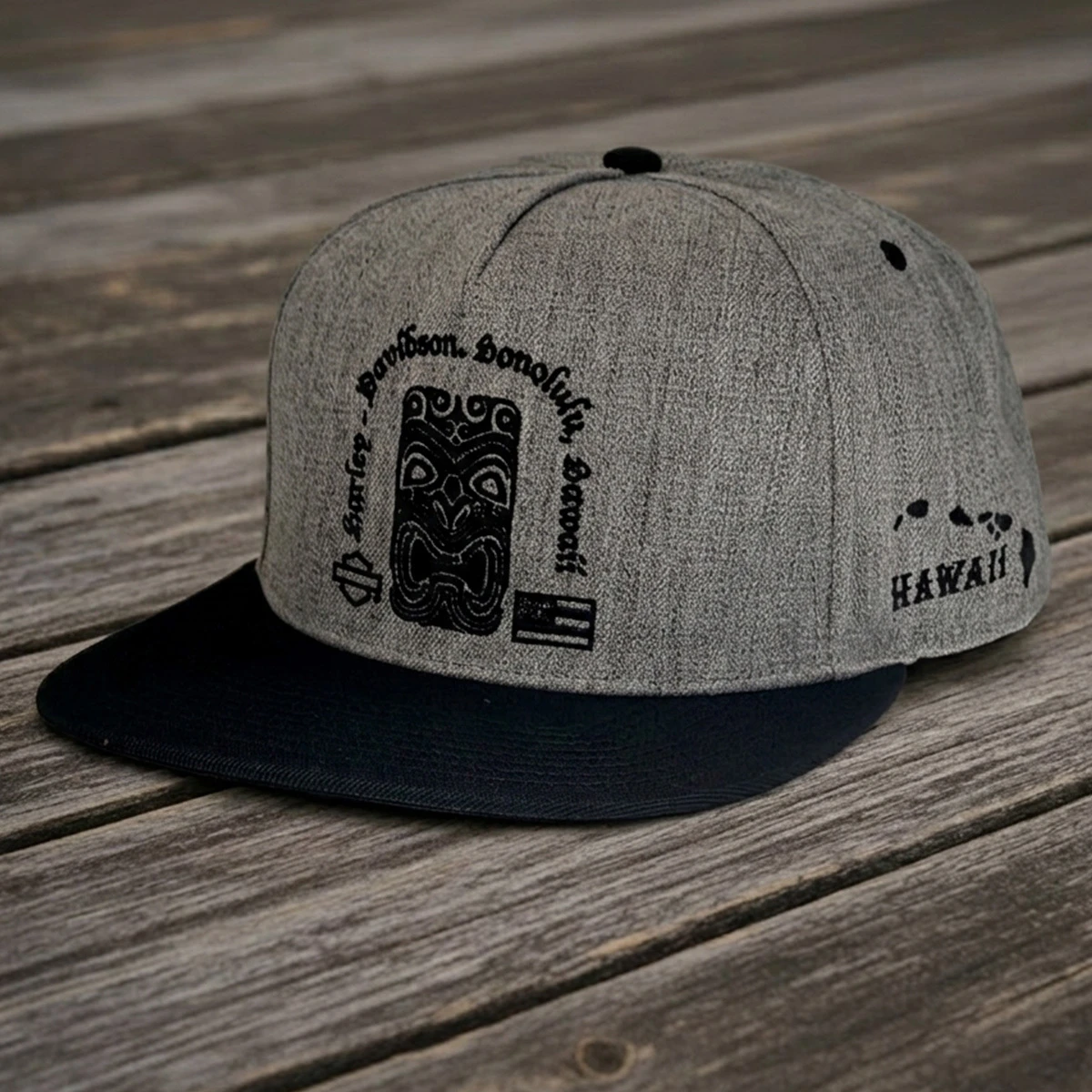 Harley-Davidson Men's Tiki Time Flat Brim Cap – Grey/Black | Pacific H-D Honolulu Hawaii