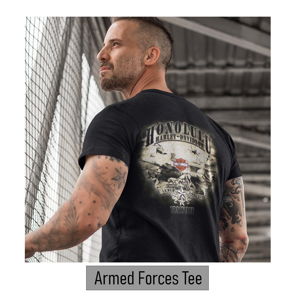 Exclusive Pacific Harley-Davidson Hawaii T-Shirt. Harley-Davidson Armed Forces Tee. Traditional T-Shirt. 100% Cotton. Hawaii Exclusive Design.