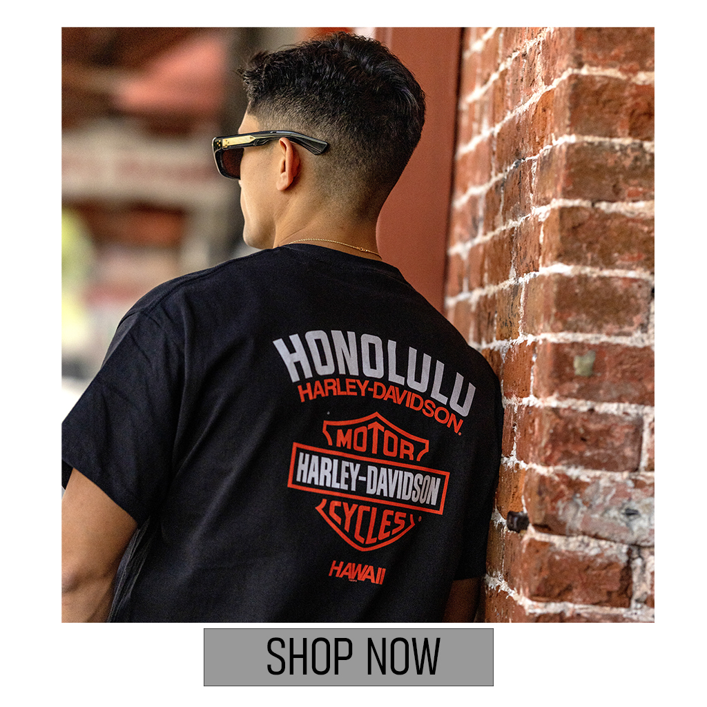 Exclusive Pacific Harley-Davidson Hawaii T-Shirt. Harley-Davidson Men Honolulu Harley Original Tee. Printed on traditional tee. 100% cotton in black. 90% cotton 10% polyester in heather grey. SKU:MBS192007-NEW.