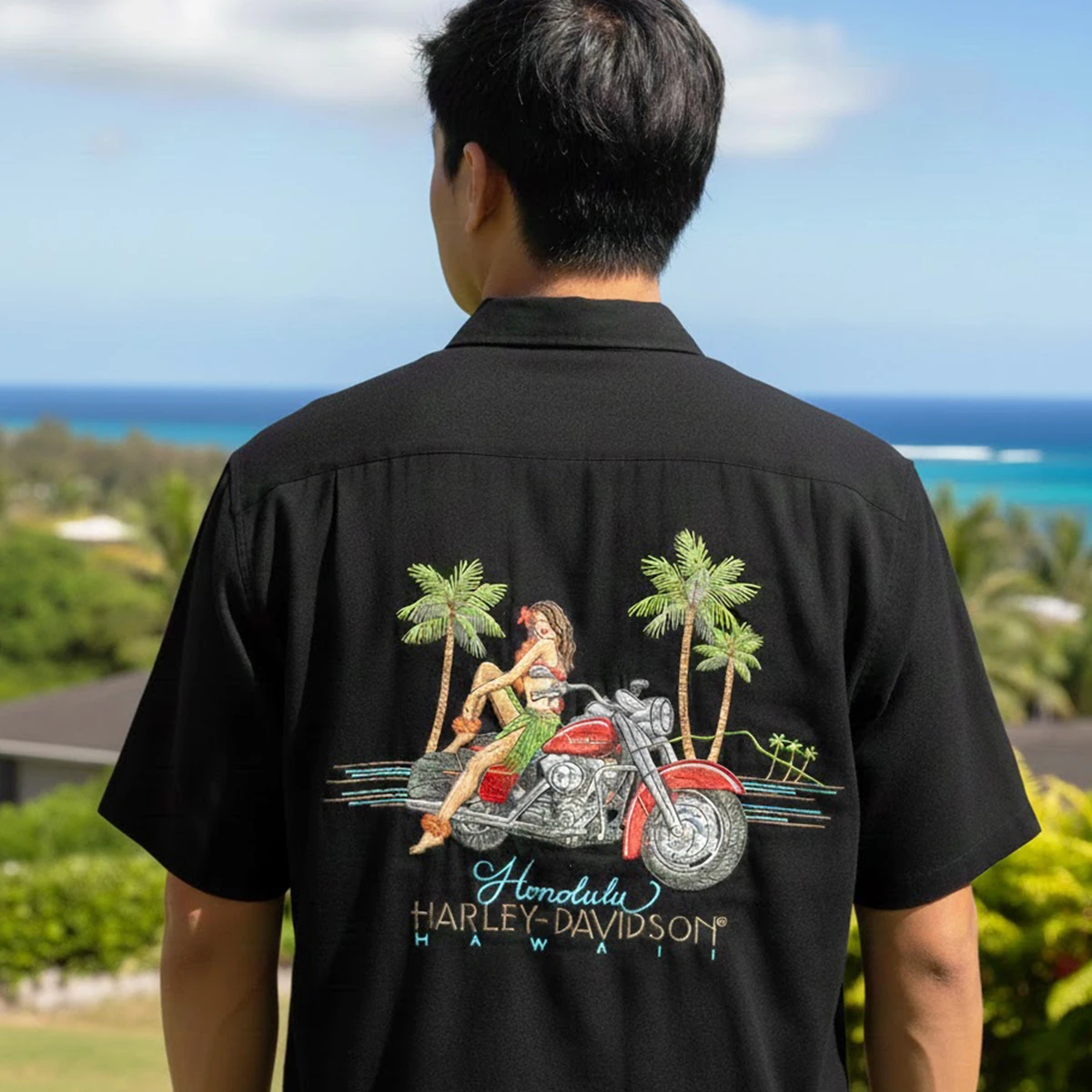 Shop Harley-Davidson Men's Honey Black Button-Up Aloha Shirt | Hawaii Exclusive | Designed by Tori Richard